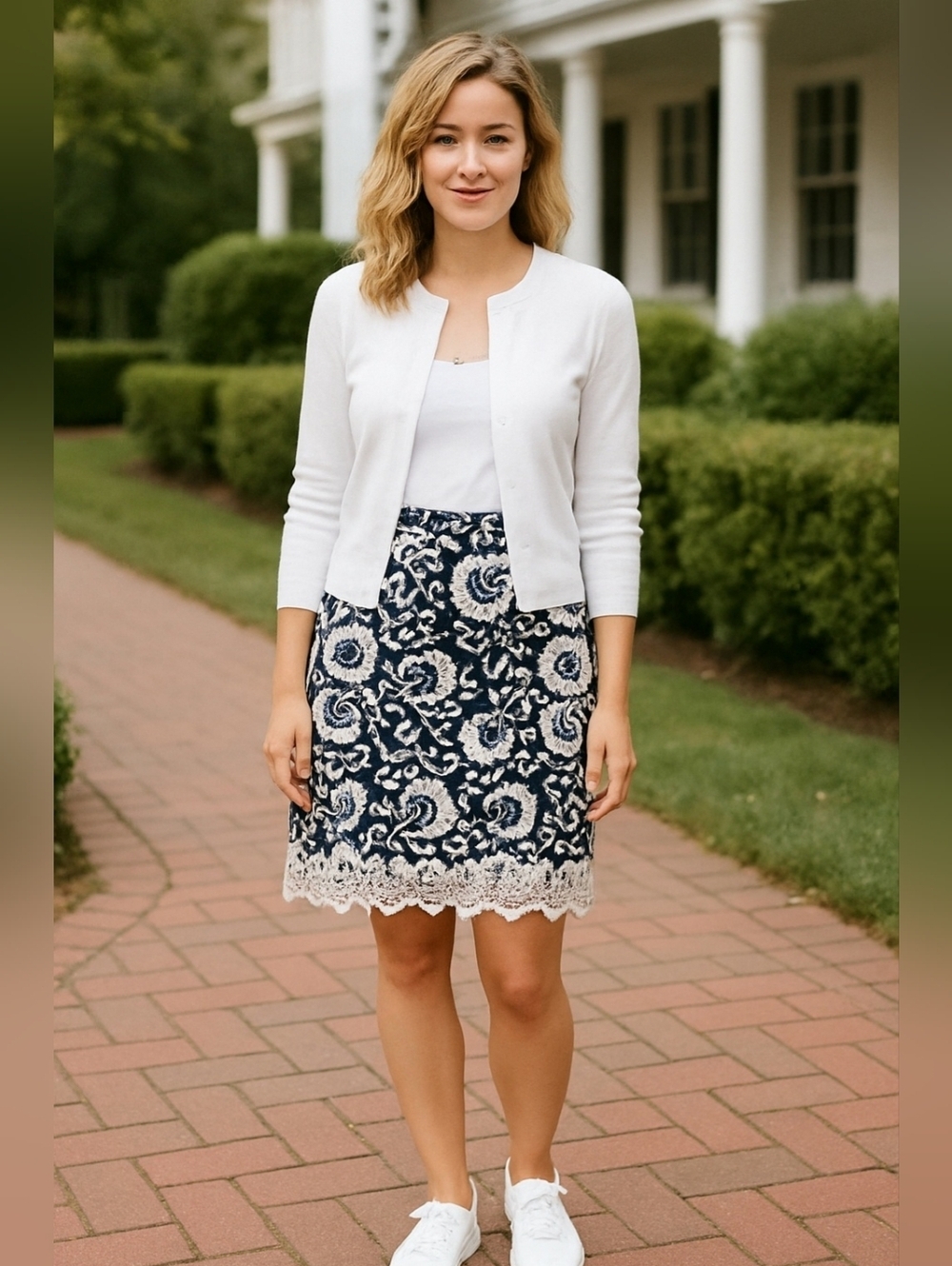 Talbots Women's Stretch Cotton Navy & White Floral Eyelet Lace Hem Pencil Skirt